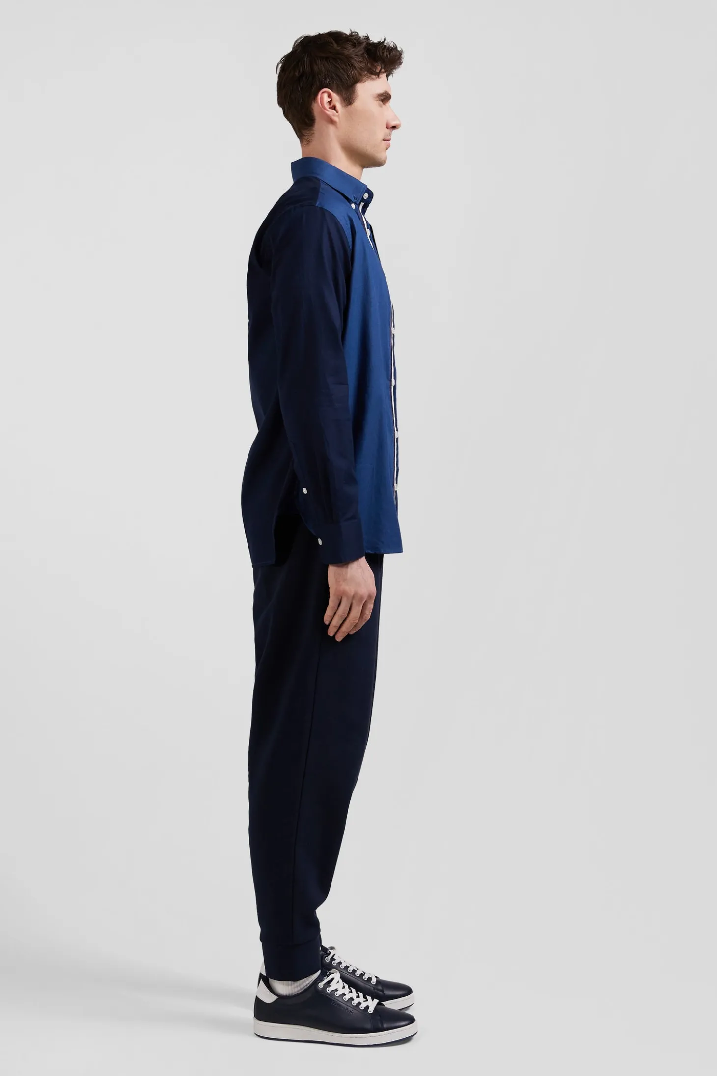 Chemise bicolore en coton pin point bleu foncé coupe Regular broderie dos