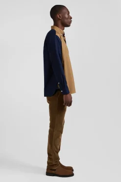 Chemise bicolore en coton pin point camel coupe Regular broderie dos