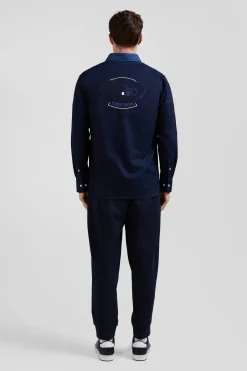 Chemise bicolore en coton pin point bleu foncé coupe Regular broderie dos