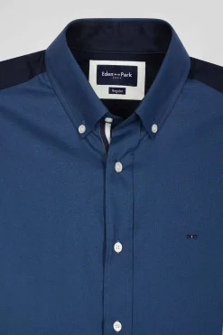 Chemise bicolore en coton pin point bleu foncé coupe Regular broderie dos