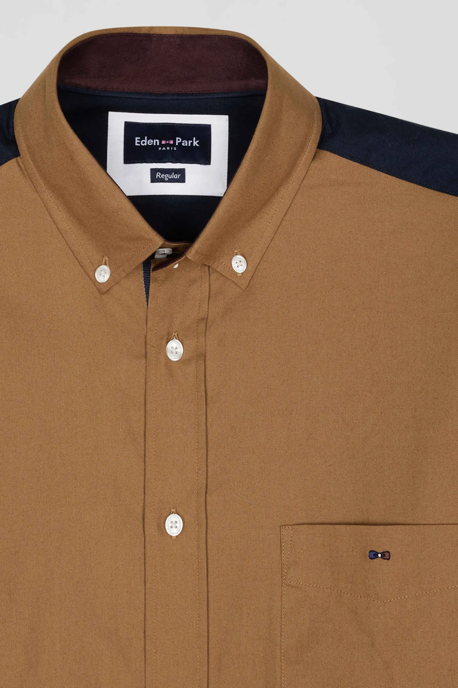 Chemise bicolore en coton pin point camel coupe Regular broderie dos