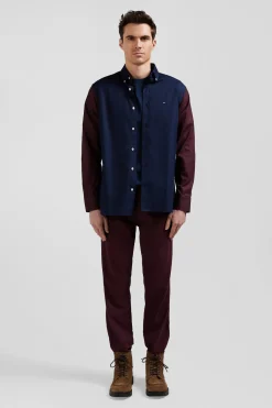 Chemise bicolore en oxford de coton marine et marron brodée coupe Regular