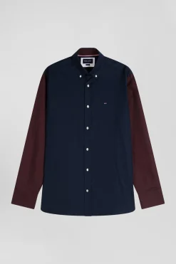 Chemise bicolore en oxford de coton marine et marron brodée coupe Regular
