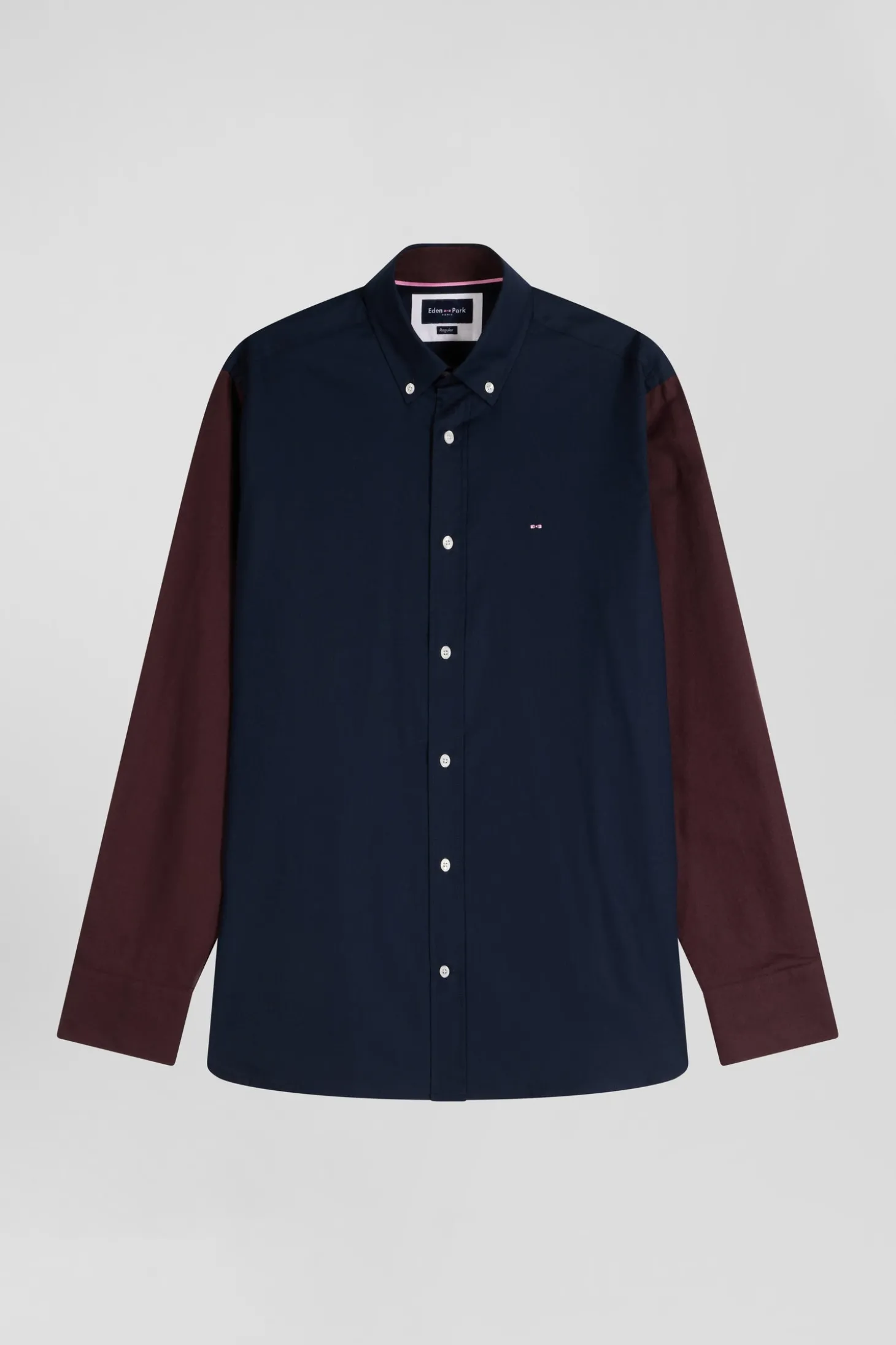 Chemise bicolore en oxford de coton marine et marron brodée coupe Regular