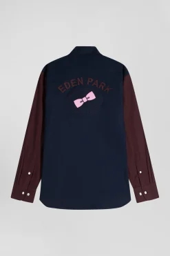 Chemise bicolore en oxford de coton marine et marron brodée coupe Regular