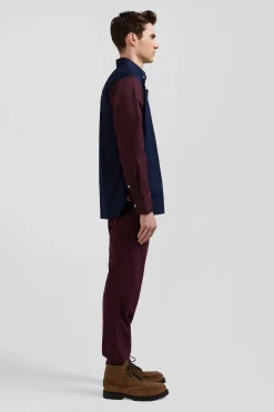 Chemise bicolore en oxford de coton marine et marron brodée coupe Regular
