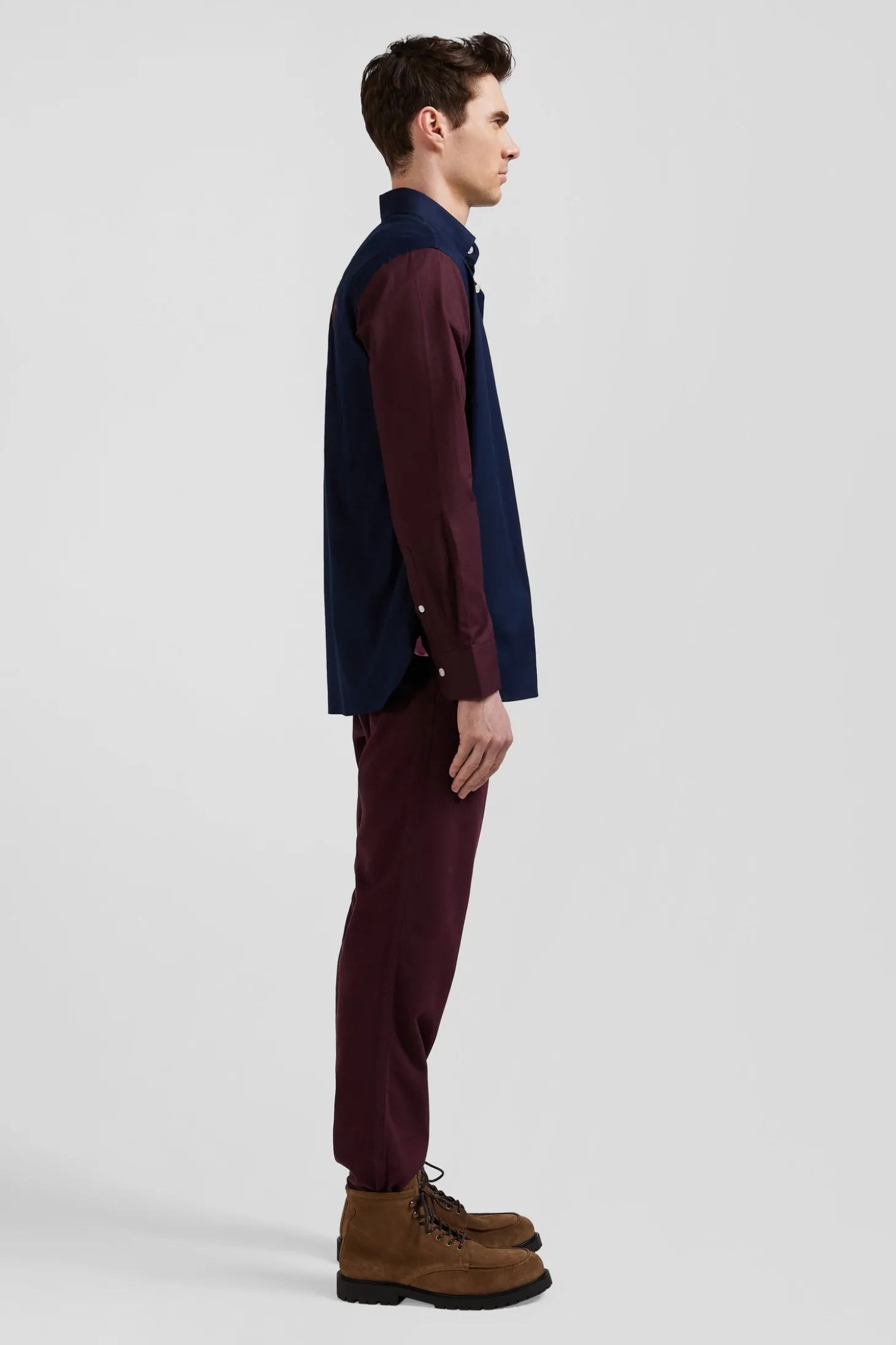 Chemise bicolore en oxford de coton marine et marron brodée coupe Regular