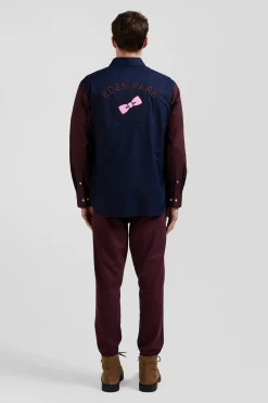 Chemise bicolore en oxford de coton marine et marron brodée coupe Regular