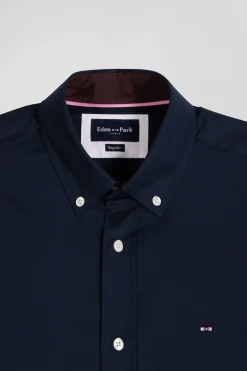 Chemise bicolore en oxford de coton marine et marron brodée coupe Regular