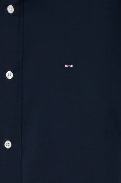 Chemise bicolore en oxford de coton marine et marron brodée coupe Regular
