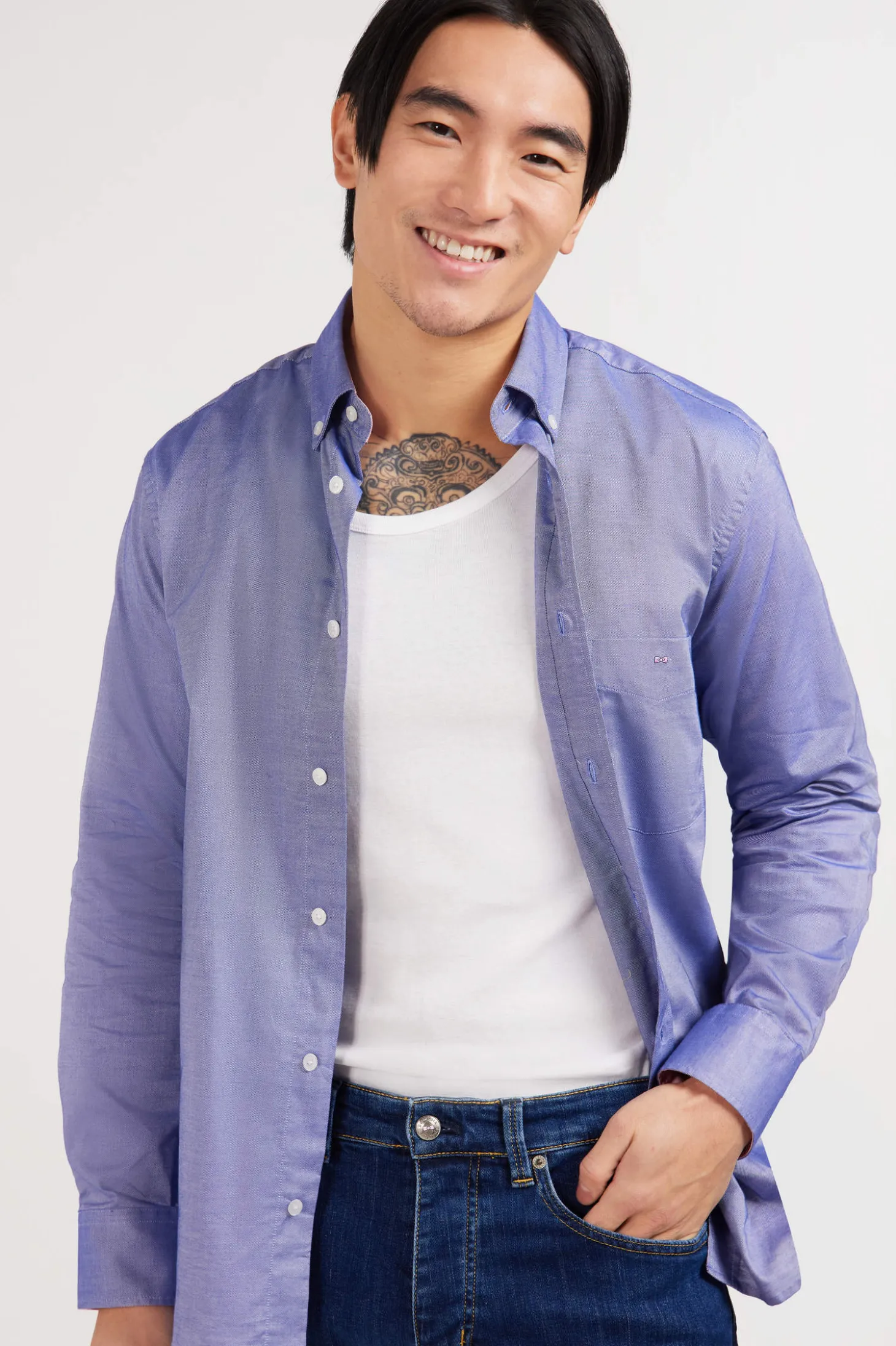 Chemise bleu marine unie en coton