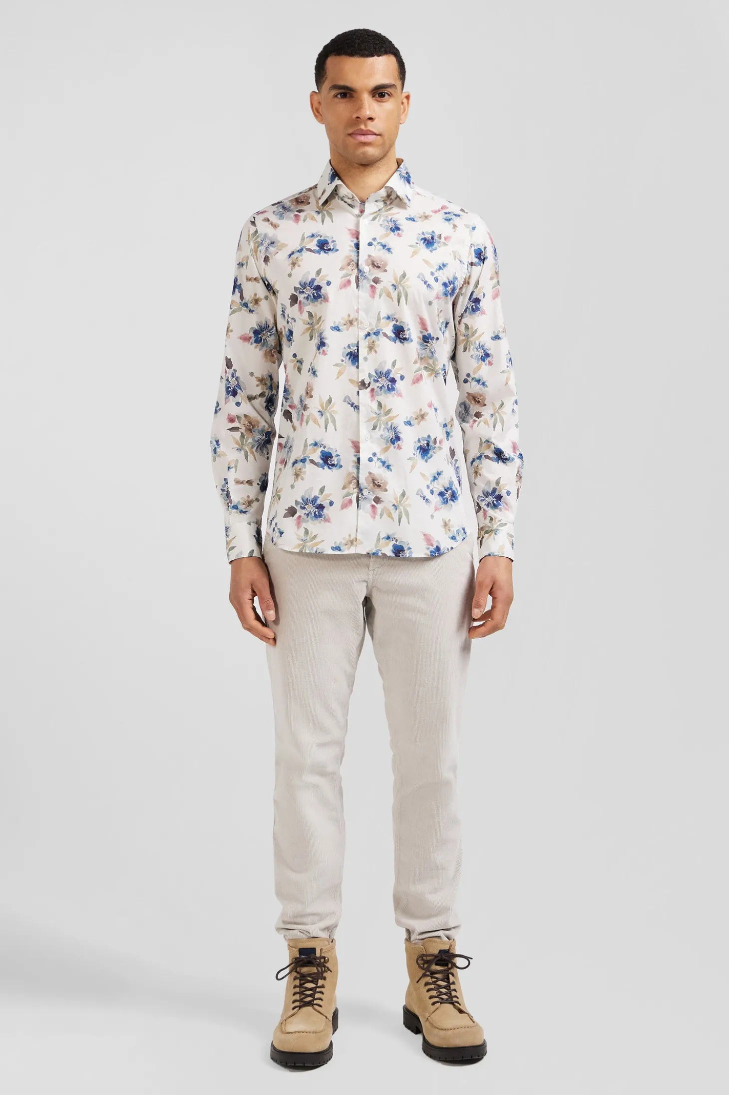Chemise en coton à imprimé floral écru coupe Slim