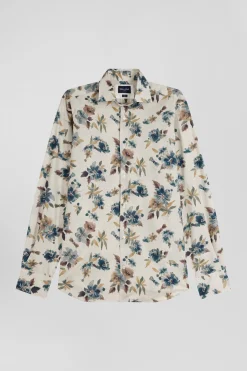 Chemise en coton à imprimé floral beige coupe Slim