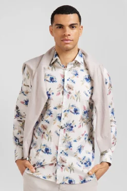 Chemise en coton à imprimé floral écru coupe Slim