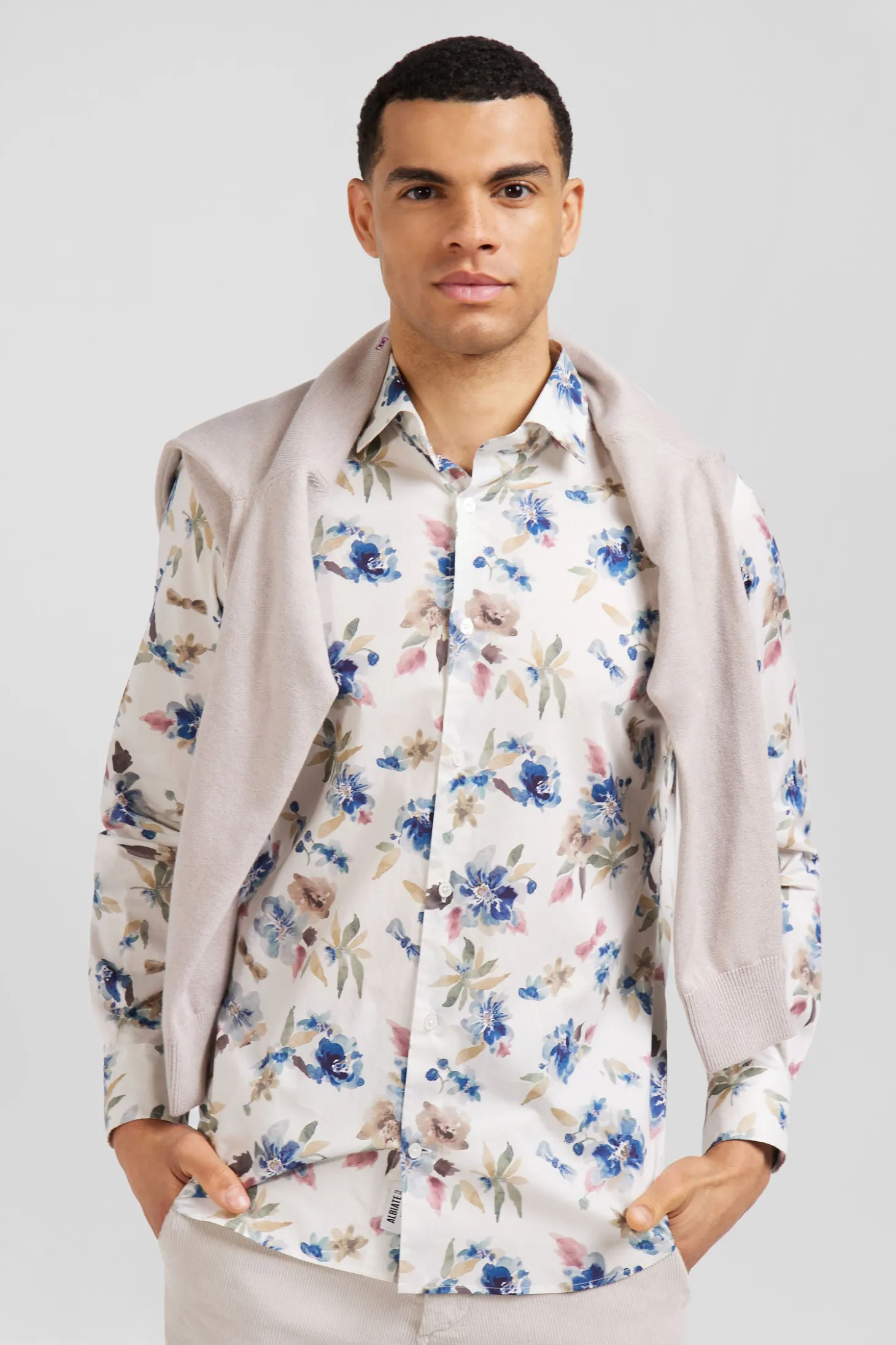 Chemise en coton à imprimé floral écru coupe Slim