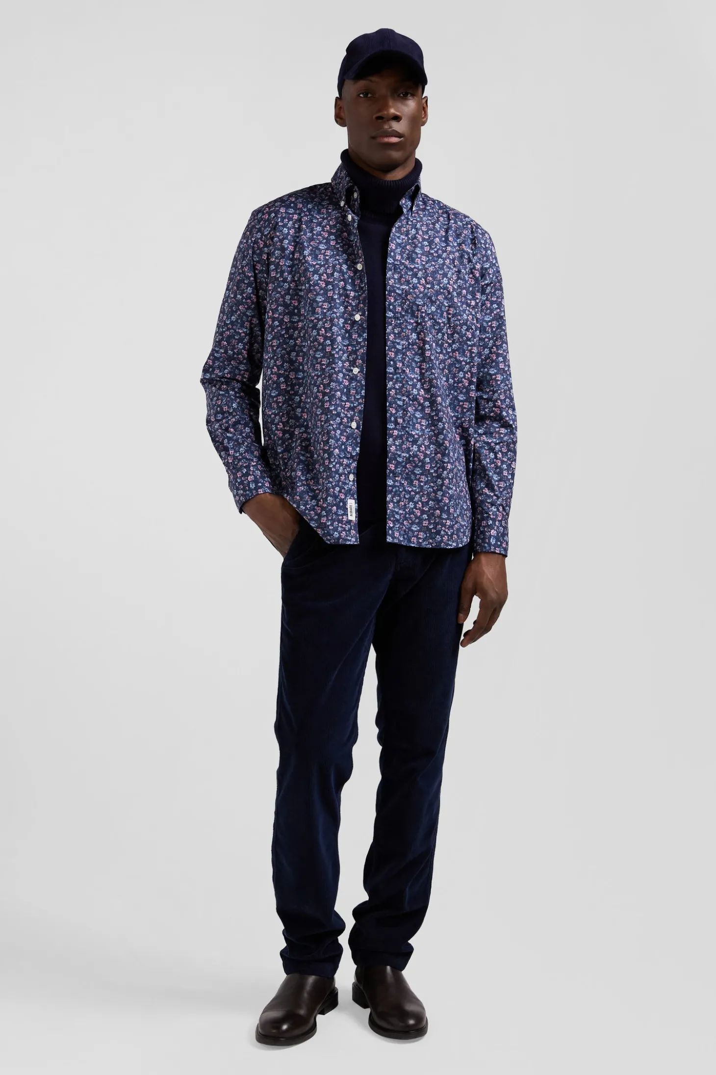 Chemise en coton à microimprimé bleu foncé coupe Regular
