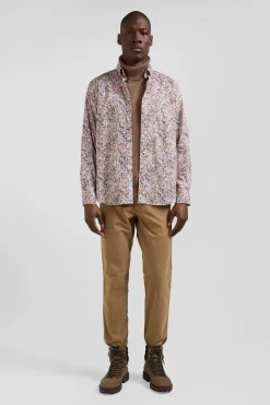 Chemise en coton à microimprimé beige coupe Regular