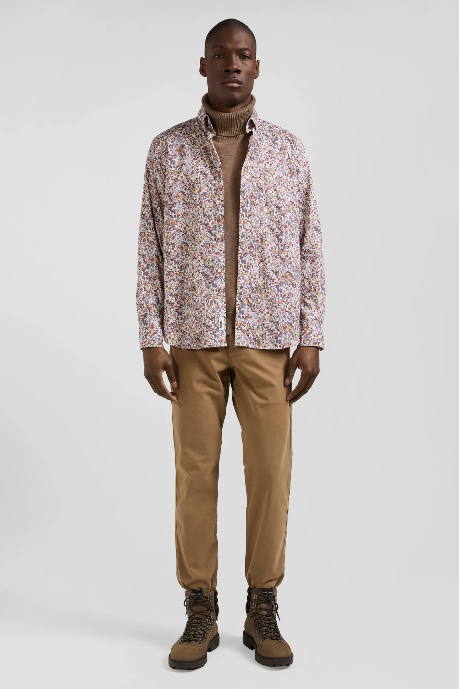 Chemise en coton à microimprimé beige coupe Regular