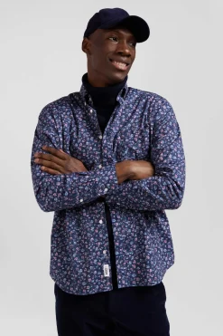 Chemise en coton à microimprimé bleu foncé coupe Regular