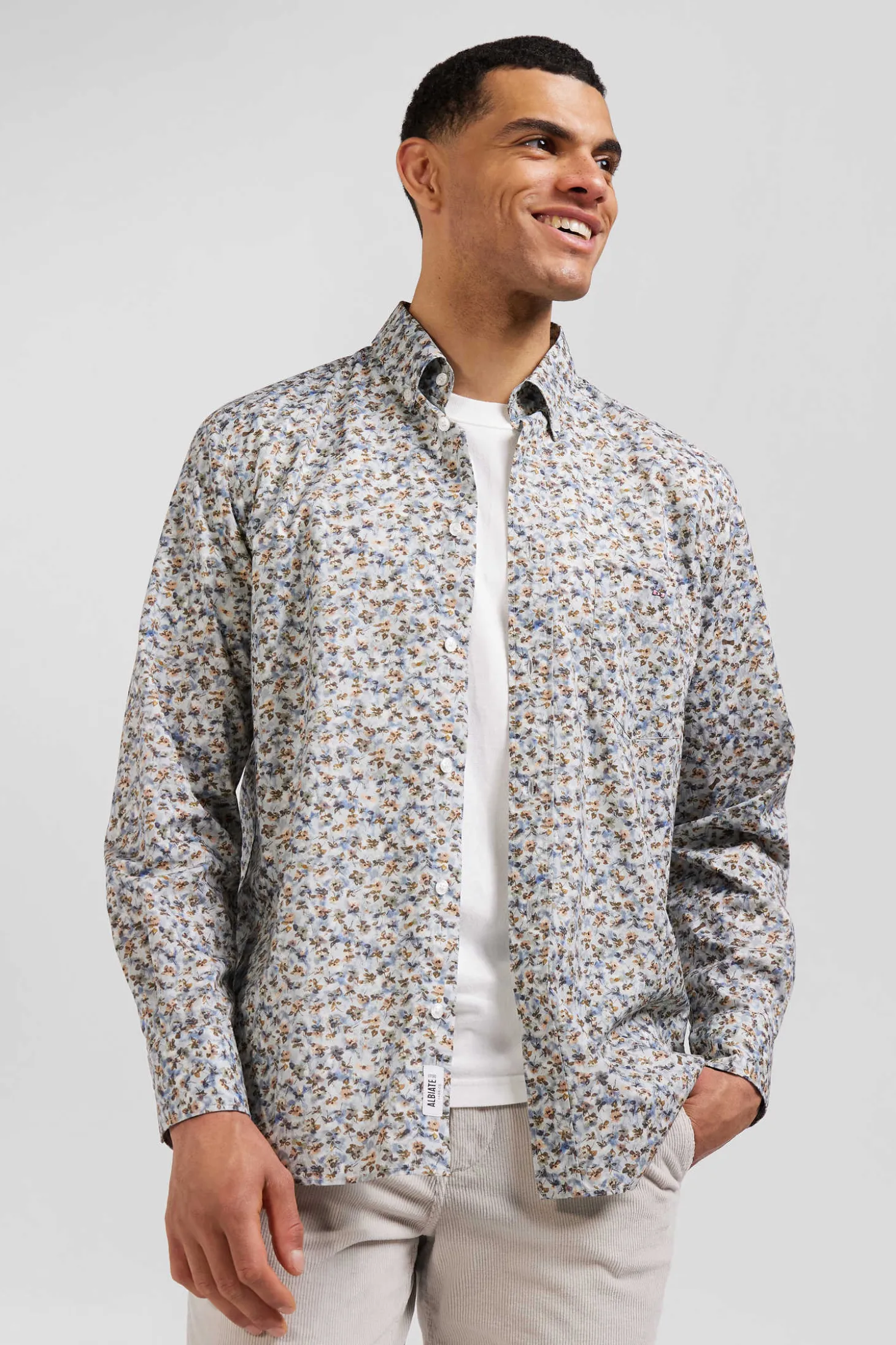 Chemise en coton à microimprimé vert coupe Regular