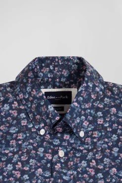 Chemise en coton à microimprimé bleu foncé coupe Regular