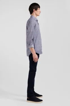 Chemise en coton à micro-motifs ciel coupe Slim