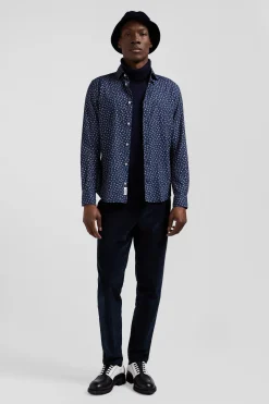 Chemise en coton bleu foncé microimprimé fleurs coupe Slim