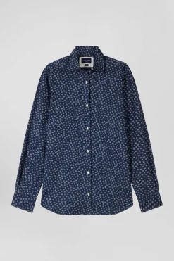 Chemise en coton bleu foncé microimprimé fleurs coupe Slim