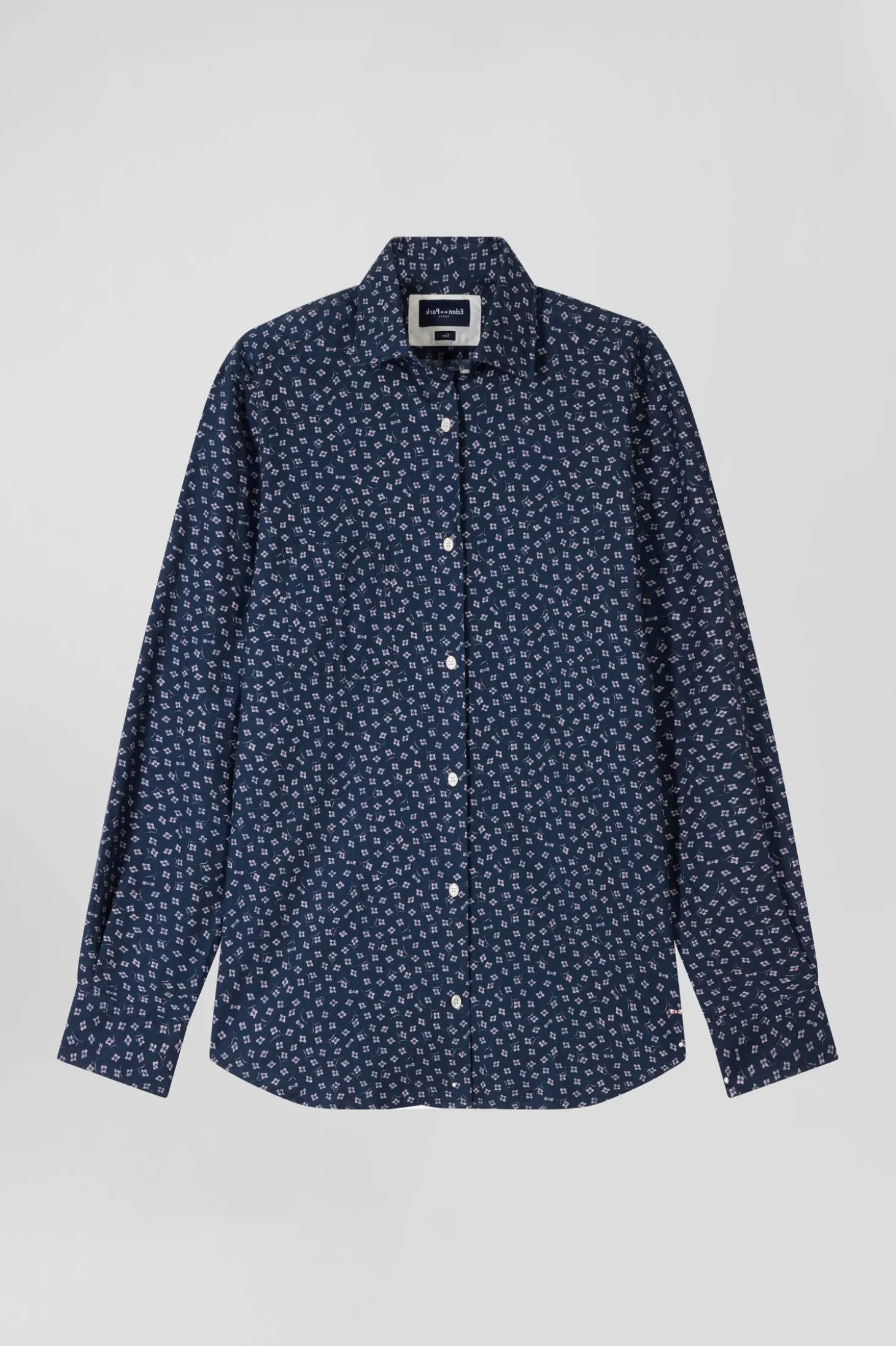 Chemise en coton bleu foncé microimprimé fleurs coupe Slim