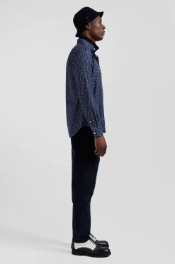 Chemise en coton bleu foncé microimprimé fleurs coupe Slim