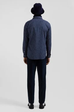 Chemise en coton bleu foncé microimprimé fleurs coupe Slim