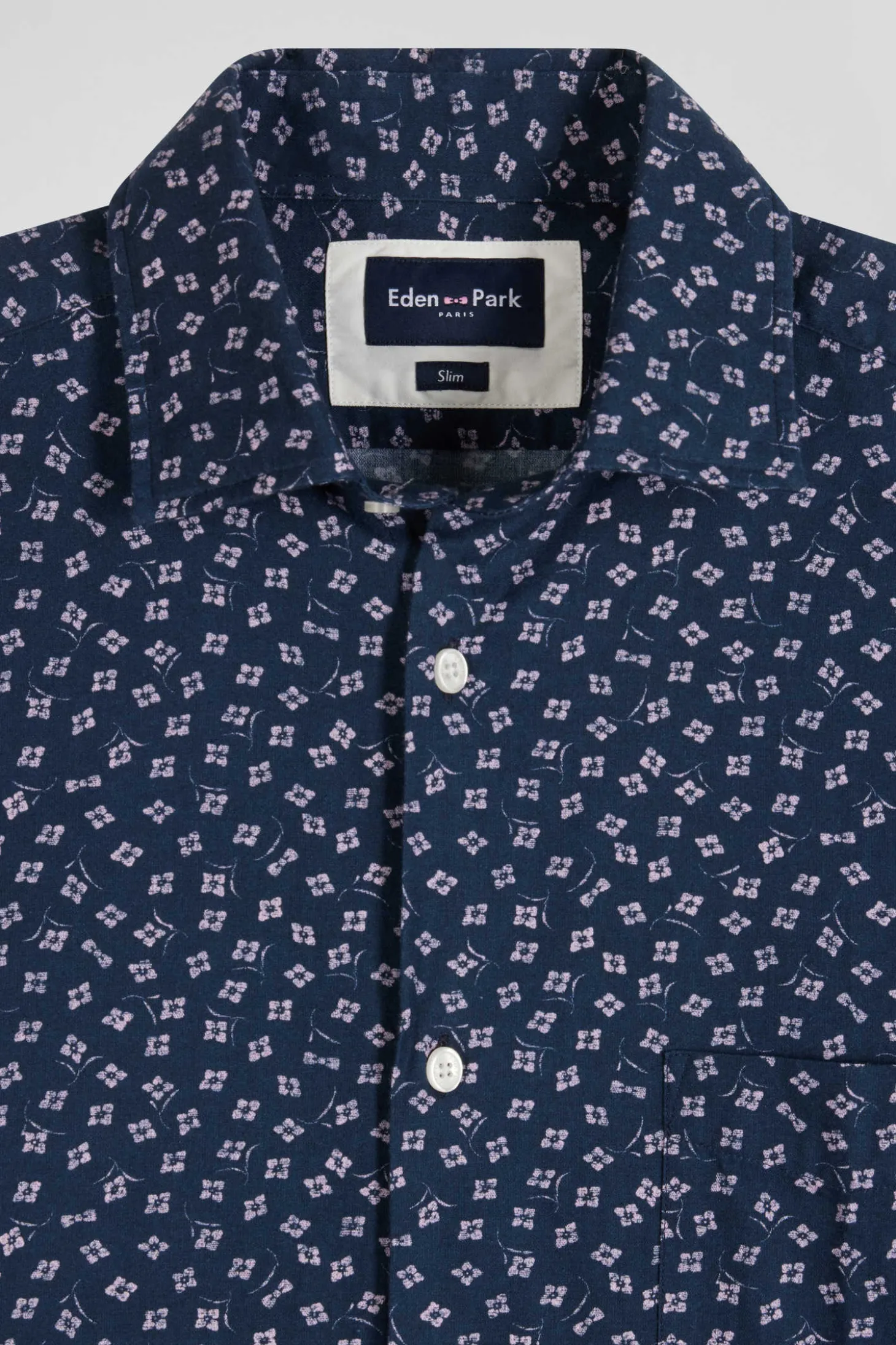 Chemise en coton bleu foncé microimprimé fleurs coupe Slim