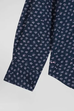 Chemise en coton bleu foncé microimprimé fleurs coupe Slim