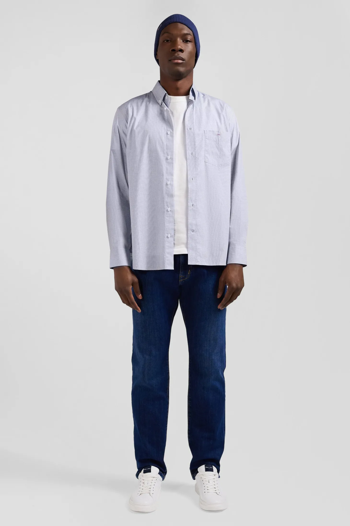 Chemise en coton ciel à micro-carreaux coupe Regular