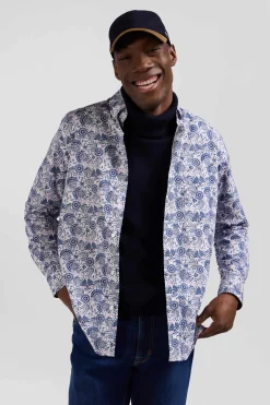 Chemise en coton écrue et bleue à imprimé graphique coupe Regular