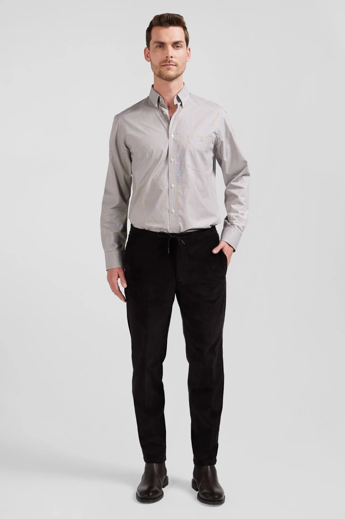 Chemise en coton grège à micro-carreaux coupe Regular