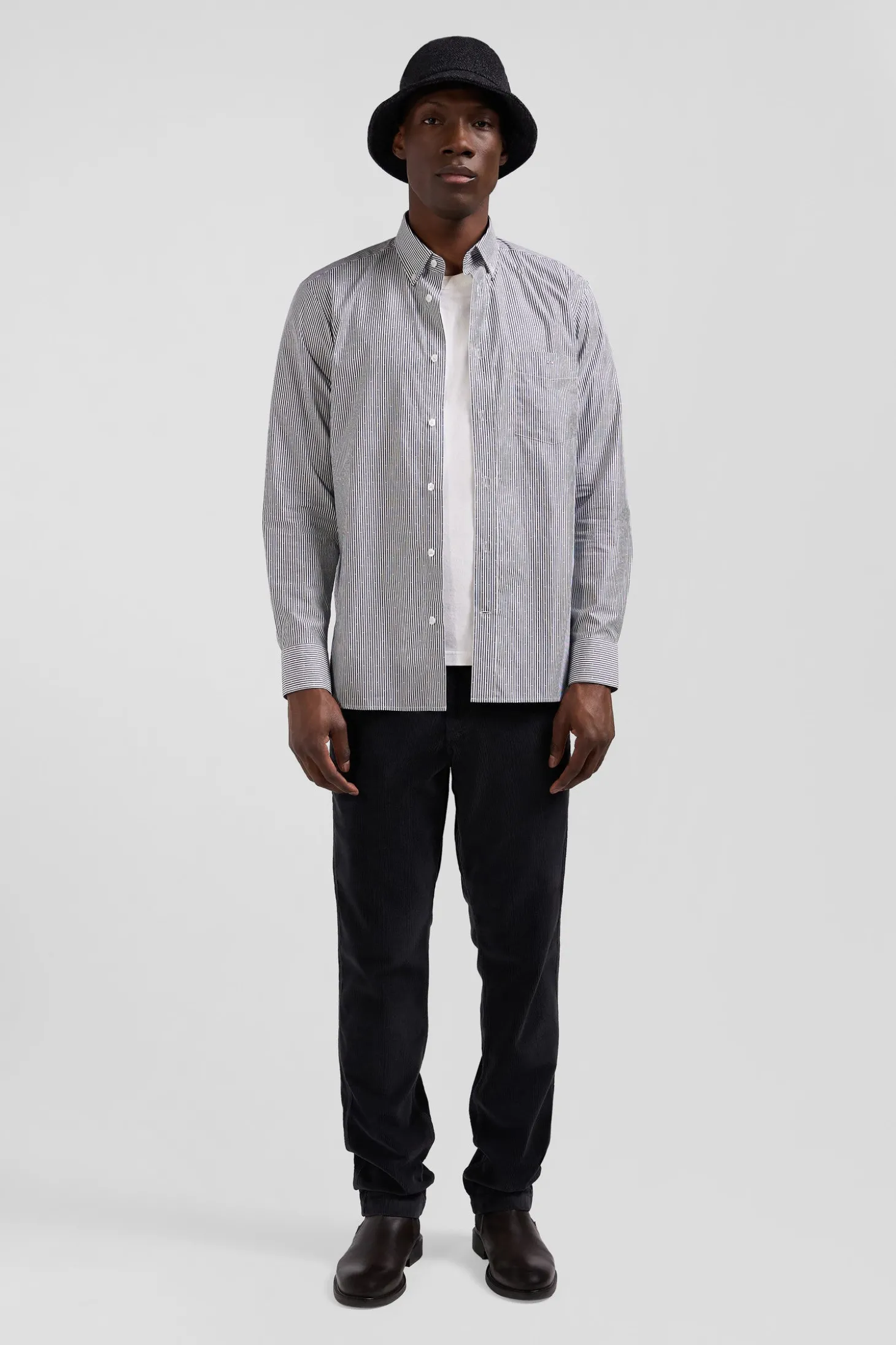 Chemise en coton jacquard rayé bleu marine coupe Regular