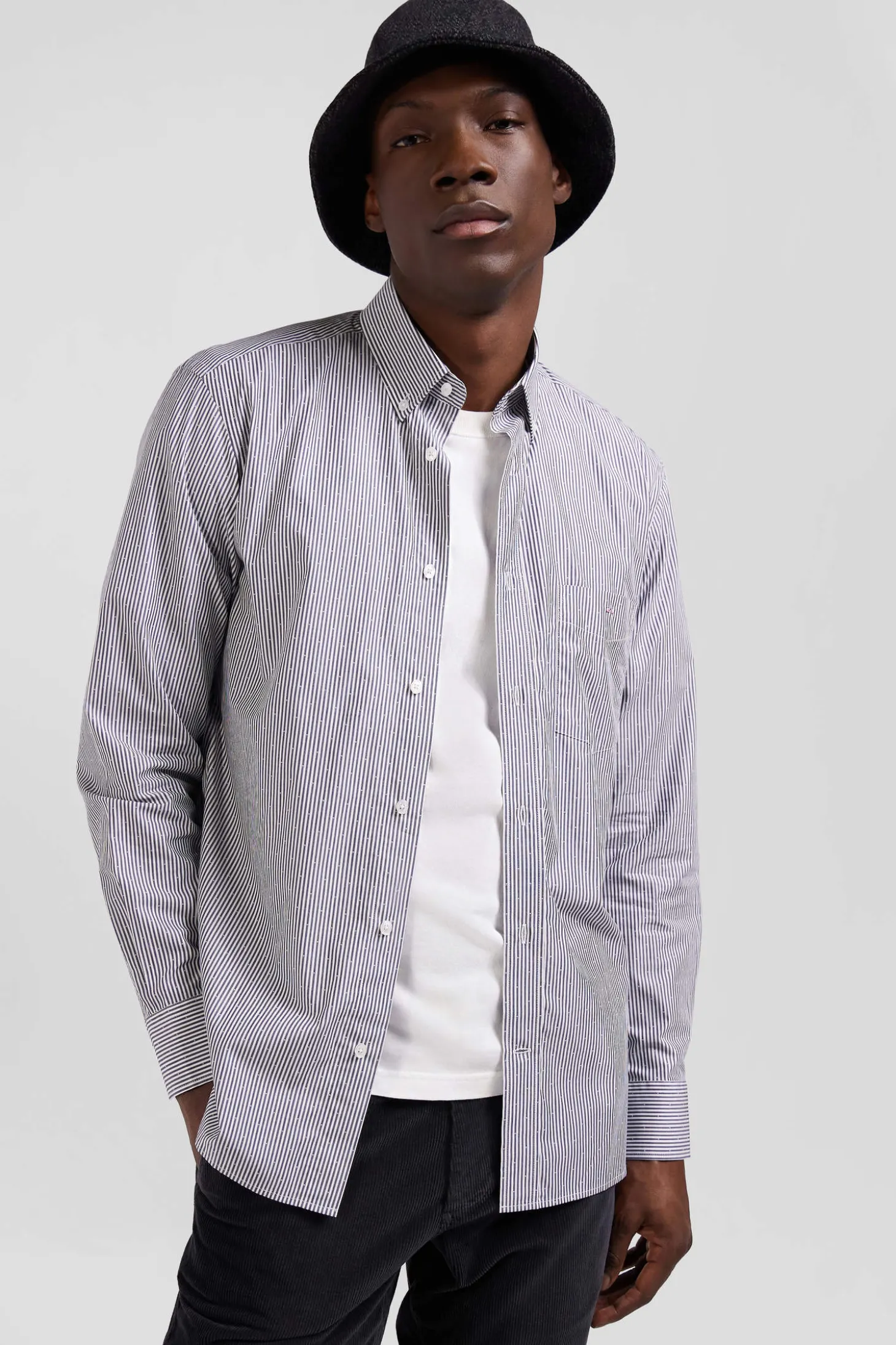 Chemise en coton jacquard rayé bleu marine coupe Regular