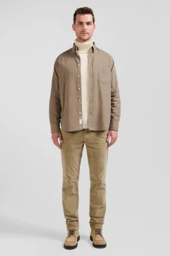 Chemise en coton uni beige col boutonné et poche poitrine coupe Regular