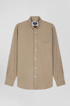 Chemise en coton uni beige col boutonné et poche poitrine coupe Regular