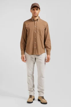 Chemise en coton uni camel col boutonné et poche poitrine coupe Regular