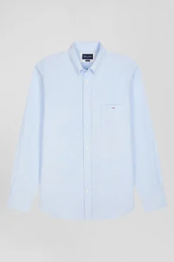 Chemise en coton uni ciel col boutonné et poche poitrine coupe Regular