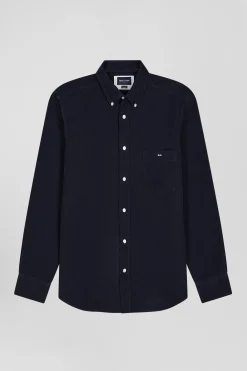 Chemise en coton uni marine col boutonné et poche poitrine coupe Regular