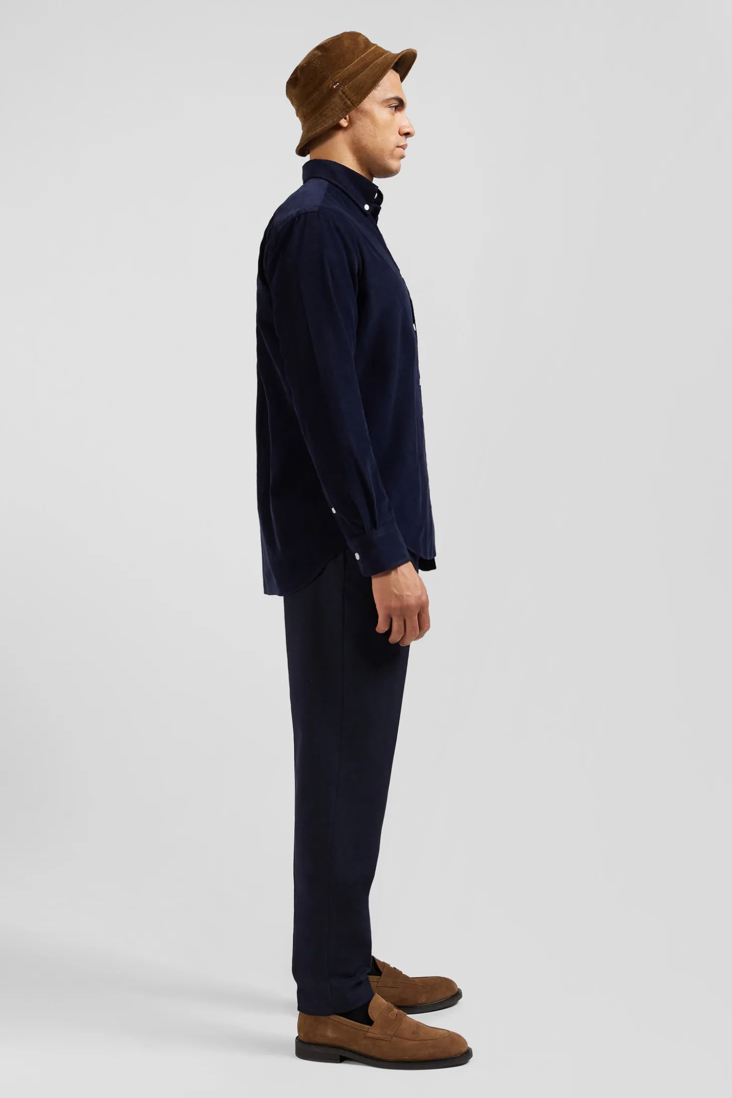 Chemise en coton uni marine col boutonné et poche poitrine coupe Regular