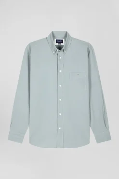 Chemise en coton uni vert d'eau col boutonné et poche poitrine coupe Regular