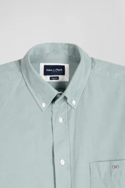Chemise en coton uni vert d'eau col boutonné et poche poitrine coupe Regular