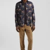 Chemise en flanelle de coton bleu marine imprimé floral coupe Slim