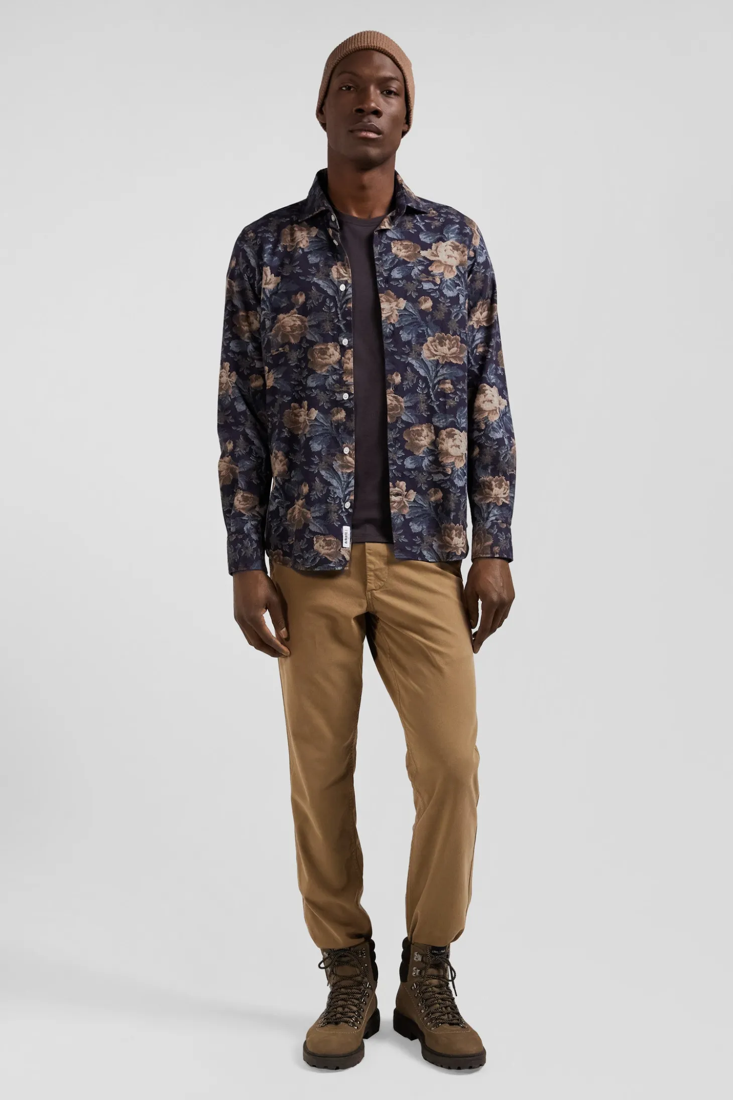 Chemise en flanelle de coton bleu marine imprimé floral coupe Slim