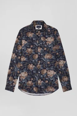 Chemise en flanelle de coton bleu marine imprimé floral coupe Slim