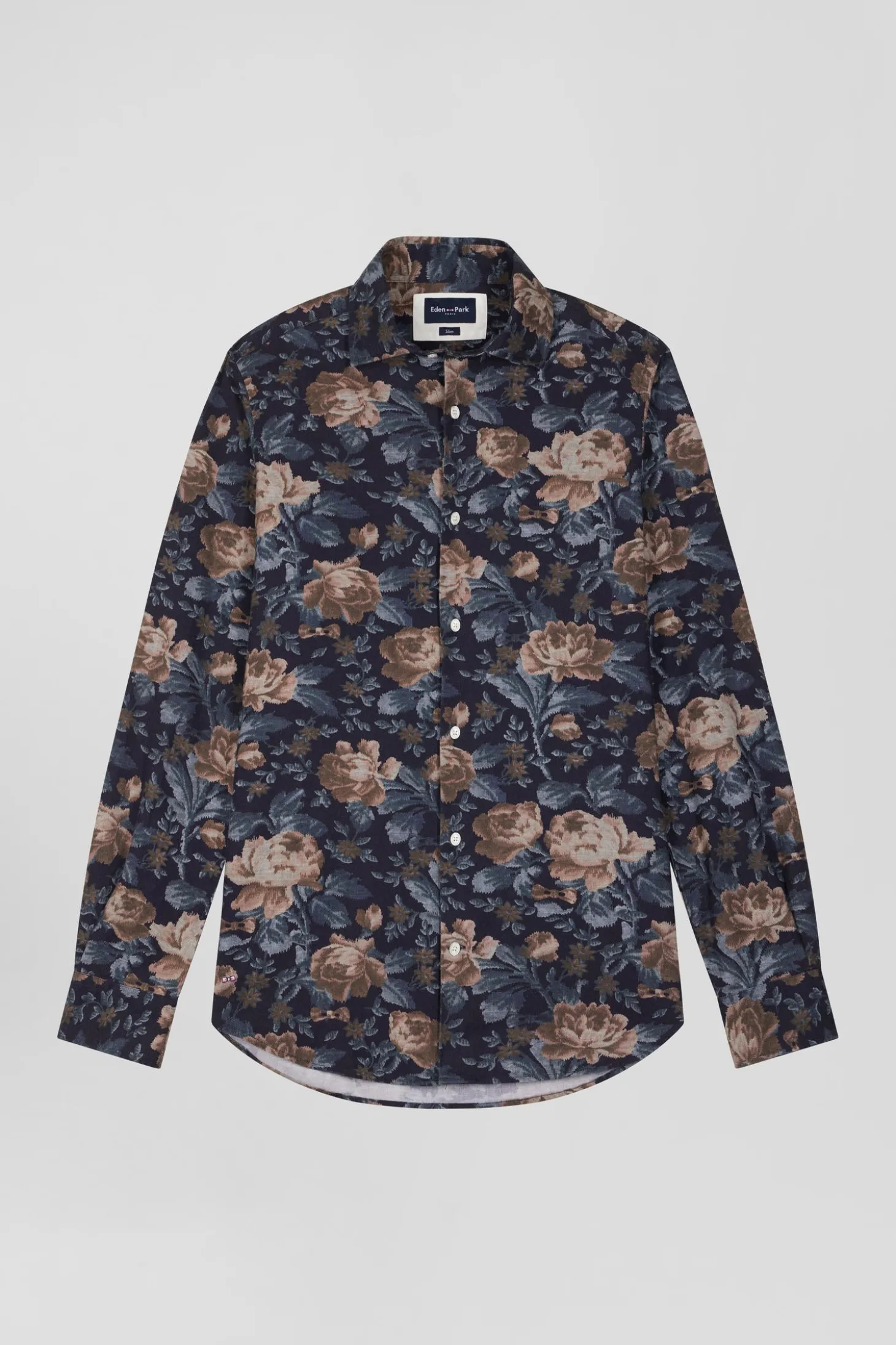 Chemise en flanelle de coton bleu marine imprimé floral coupe Slim